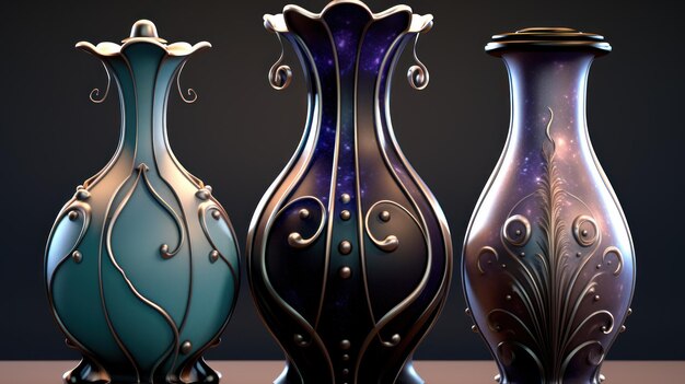 Photo three vases sitting on a table uhd wallpaper