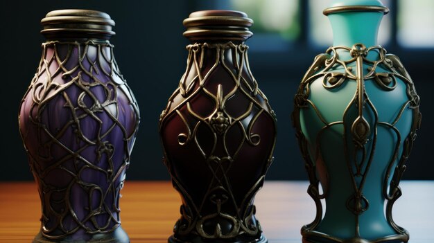 Photo three vases sitting on a table uhd wallpaper