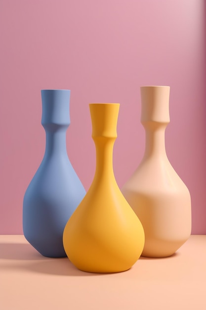 Three vases on a table with a pink background