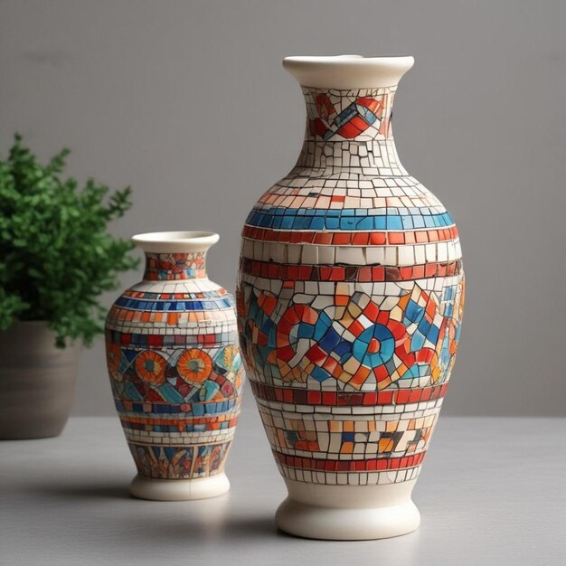 three vases with different colors and one with one that says  mosaic