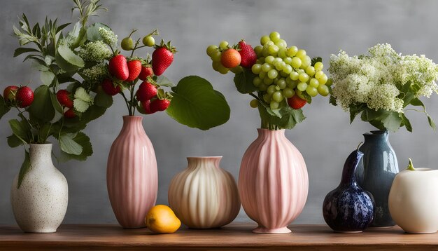 写真 レモンとレモンのテーブルの上に花と果実の3つの花瓶