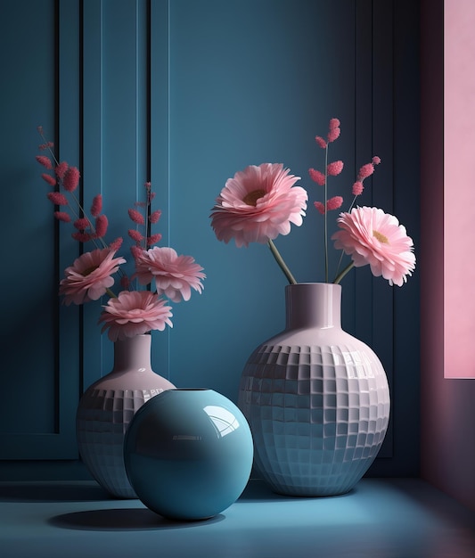 Three vases with flowers are on a blue table