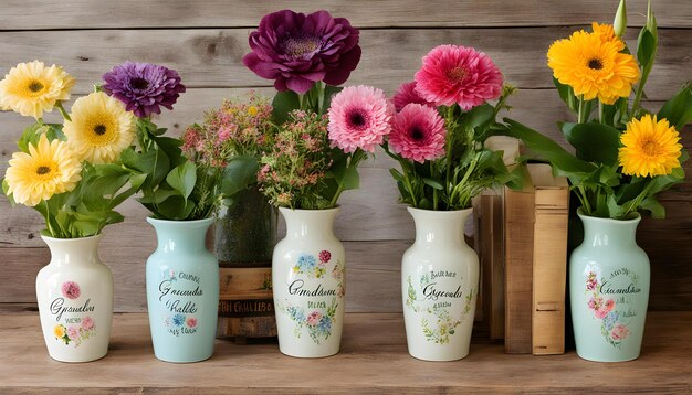 three vases with flowers and a box of wood with the words  confitti  on them