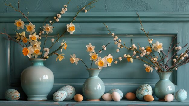 Three Vases With Flowers and Eggs on Shelf