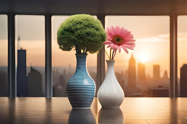 Photo three vases with flowers in front of a window and the sun setting behind them.