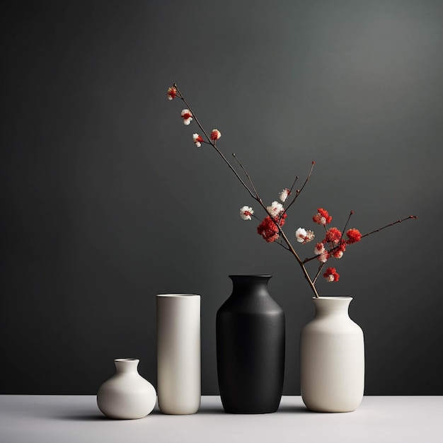 Three vases with flowers on a gray background Minimal still life