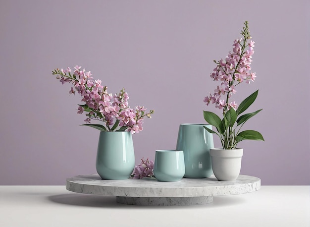 three vases with flowers on a marble tray