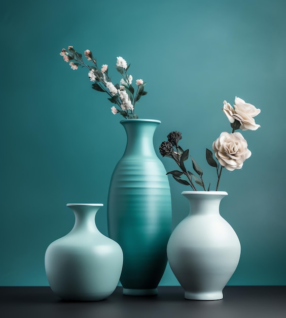 Three vases with flowers and one is labeled " white ".