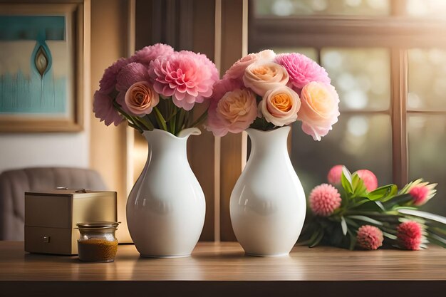촛불 옆 테이블에 꽃이 있는 세 개의 꽃병.