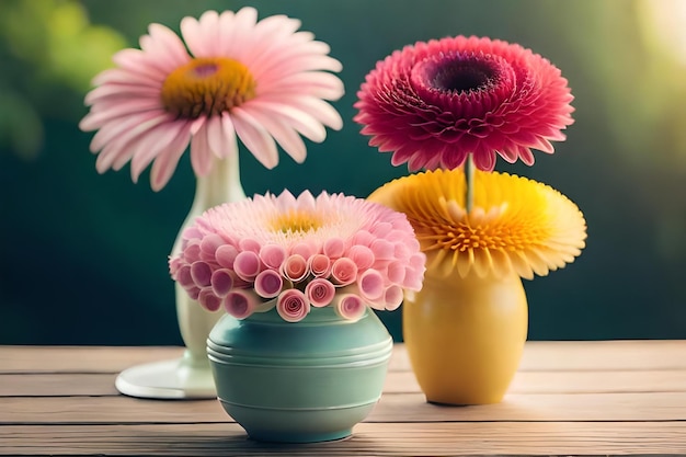 탁자 위에 꽃이 있는 세 개의 꽃병과 그 안에 노란색과 분홍색 꽃이 있는 꽃병이 하나 있습니다.