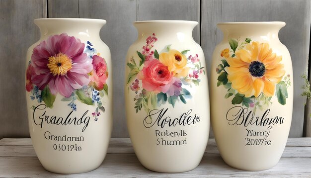 Photo three vases with flowers on them are labeled  alderia