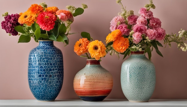 Photo three vases with flowers in them are on a shelf