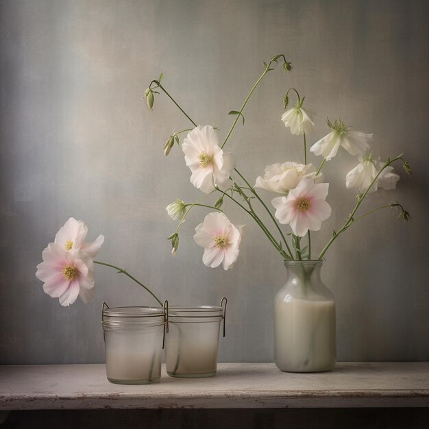 three vases with flowers in them, one of which is pink and white.