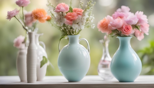 Photo three vases with flowers in them one of which is pink and white