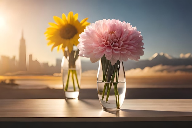 three vases with flowers in them, one of which is pink