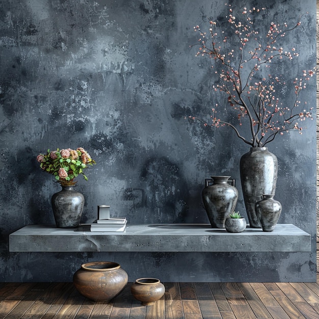 three vases with flowers in them sit on a shelf in front of a wall