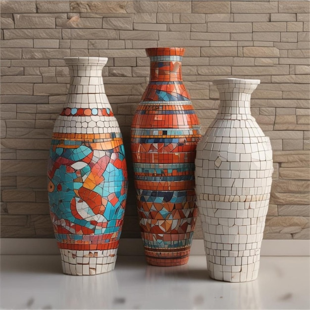 Photo three vases with one that has the word  mosaic  on it