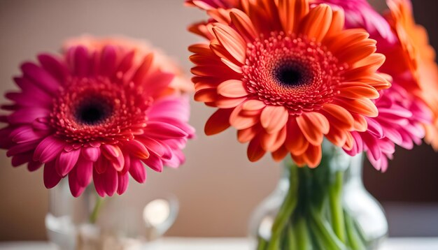 写真 ピンクと赤の花が入った3つの花瓶