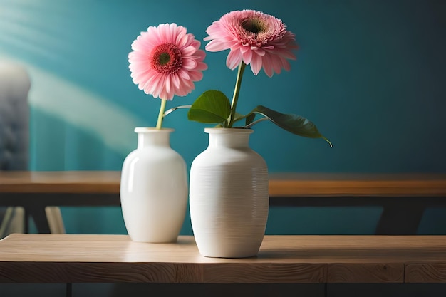 Three vases with pink flowers on a table and one has a green leaf