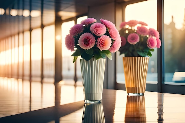 テーブルの上にピンクと緑の花がついた3つの花瓶