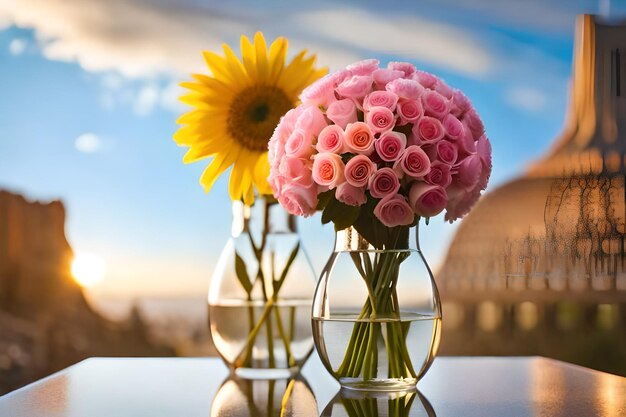 ピンクと黄色の花が入った3つの花瓶そのうちの1つは背景にドームがある