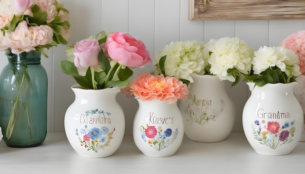 three vases with the word  peonies  on them