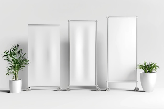 Foto tre striscioni verticali esposti accanto a una pianta in vaso perfetti per pubblicità o promozioni