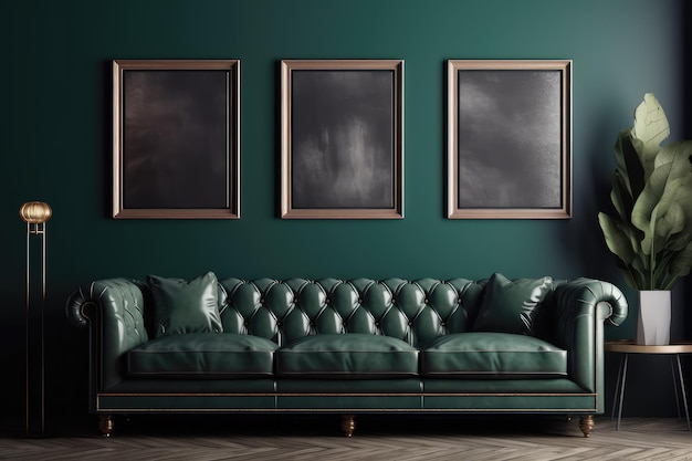 Three vertical wooden frame mockup in dark green home interior