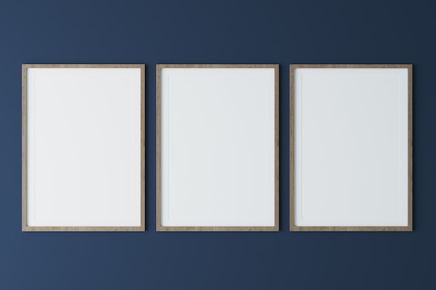 写真 紺色の壁に3つの垂直木製フレーム