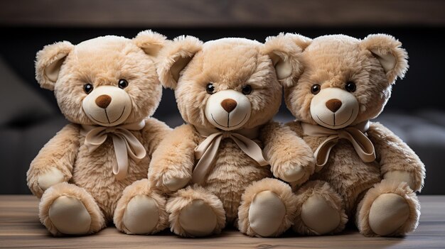 Three very soft teddy bears brown white background photo studio light Generate AI