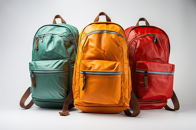 Three vibrant bags on a white surface