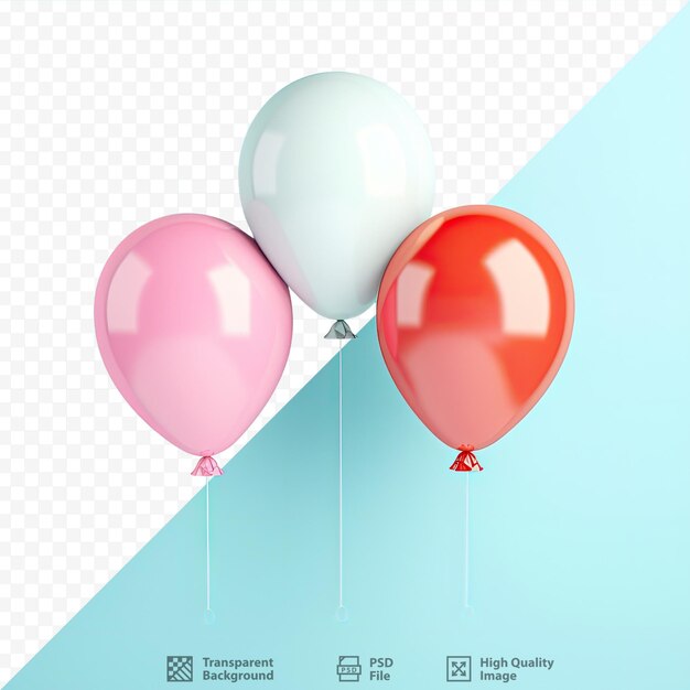 Three vibrant balloons against a transparent background