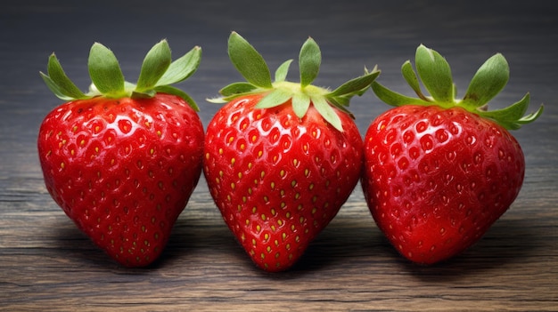Three vibrant red strawberries captured in a closeup realistic photo against a white background