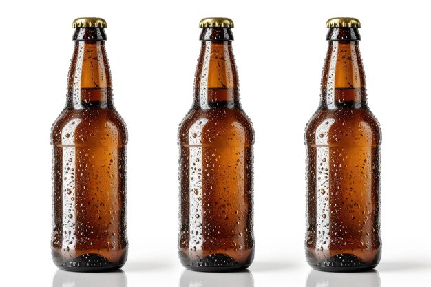 Photo three views of a six pack of brown beer bottles isolated over white with reflection