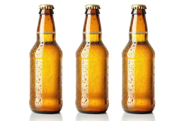 Photo three views of a six pack of clear beer bottles isolated over white with reflection