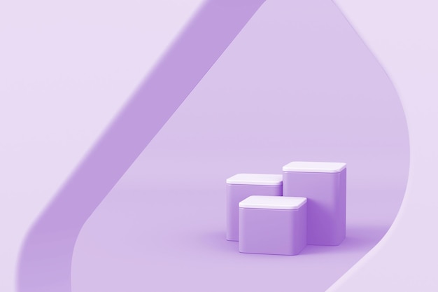 Tre piattaforme viola su una scena di mockup minima per il rendering 3d della presentazione del prodotto di branding