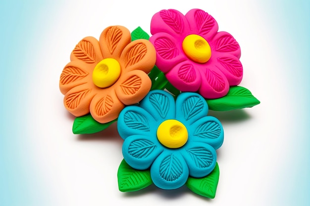 Three voluminous plasticine flowers with rounded petals and leaves created with generative ai