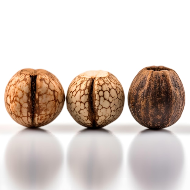 Three walnuts are lined up on a white surface.