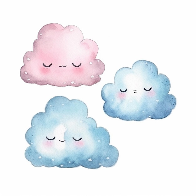 Three watercolor clouds with eyes closed and one with closed eyes generative ai