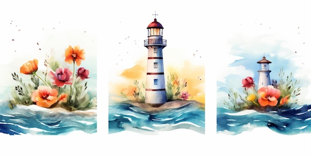 three watercolor paintings of a lighthouse and flowers on a white background generative ai