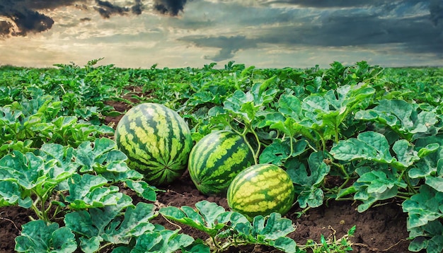 Three watermelons lie on an agricultural field