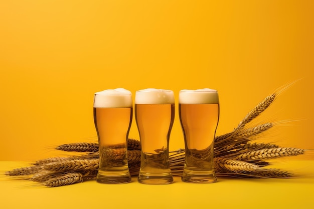 Three wheat beers on a yellow surface