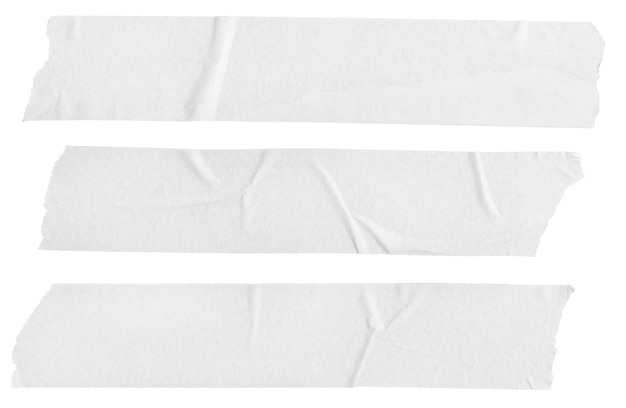 Foto tre adesivi bianchi del nastro del pittore in bianco isolati su priorità bassa bianca