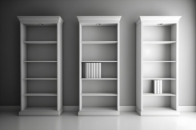 Three white bookshelves with one that says " the one on the top ".