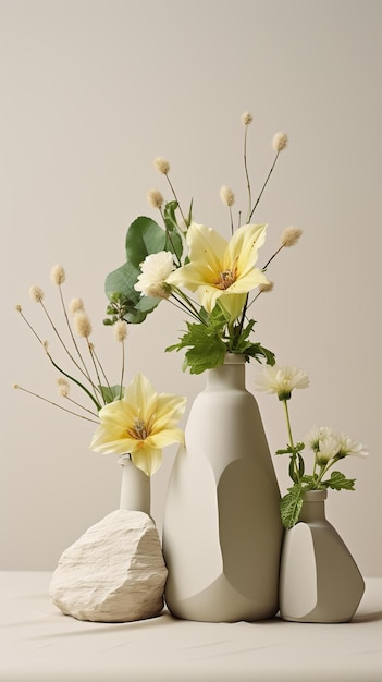 three white bottles of food and flowers made of rocks