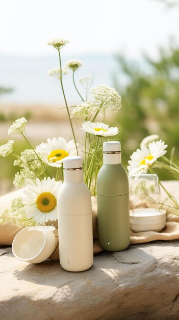 three white bottles of food and flowers made of rocks