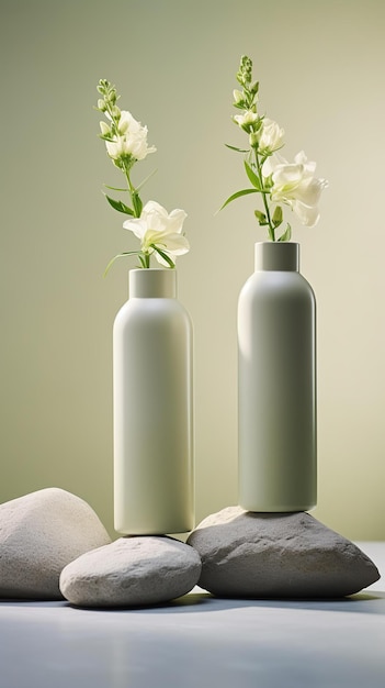 Photo three white bottles of food and flowers made of rocks