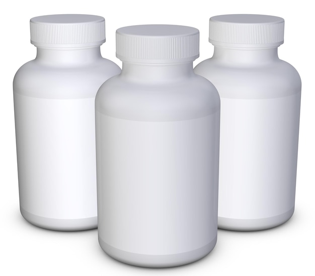 Three white bottles of medicine are shown with the word " on the top. "