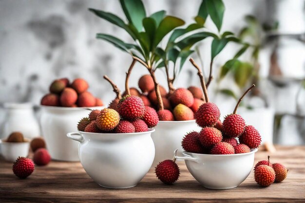 three white bowls with three small white bowls of fruit on a table