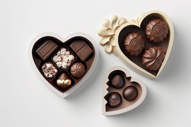 A three white boxes of heartshaped chocolates with assorted chocolates on a white background